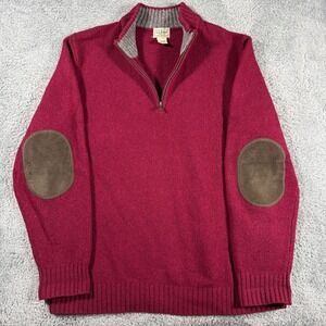 LL Bean Shetland Wool 1/4 Zip Sweater Burgundy Elbow Patches Large Speckled